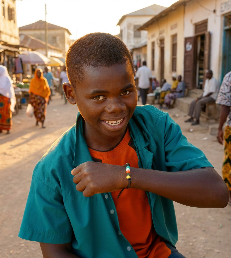 A boy wearing a gospel bracelet